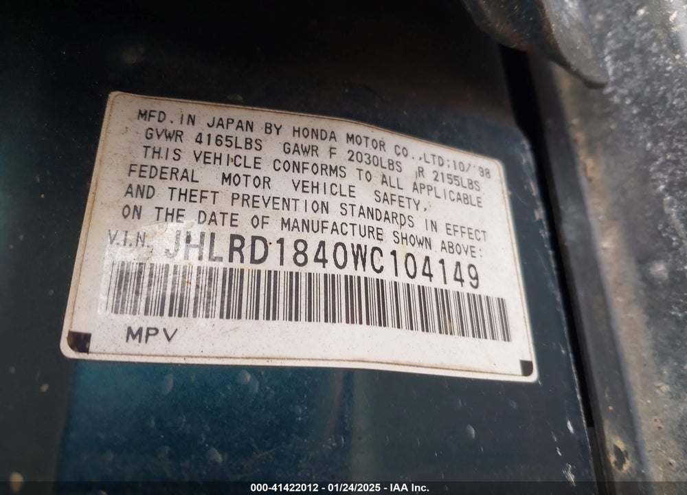 1998 HONDA CR-V LX VIN: JHLRD1840WC104149