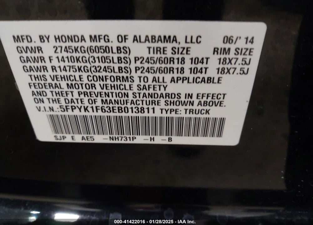 2014 HONDA RIDGELINE VIN: 5FPYK1F63EB013811