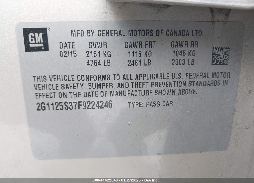 2015 CHEVROLET IMPALA VIN: 2G1125S37F9224246