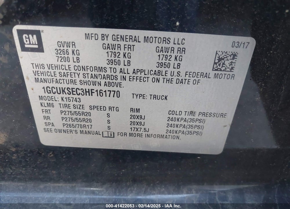 2017 CHEVROLET SILVERADO 1500 VIN: 1GCUKSEC3HF161770