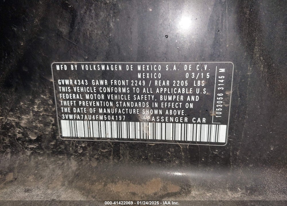 2015 VOLKSWAGEN GOLF SPORTWAGEN TDI S 4-DOOR VIN: 3VWFA7AU4FM504197