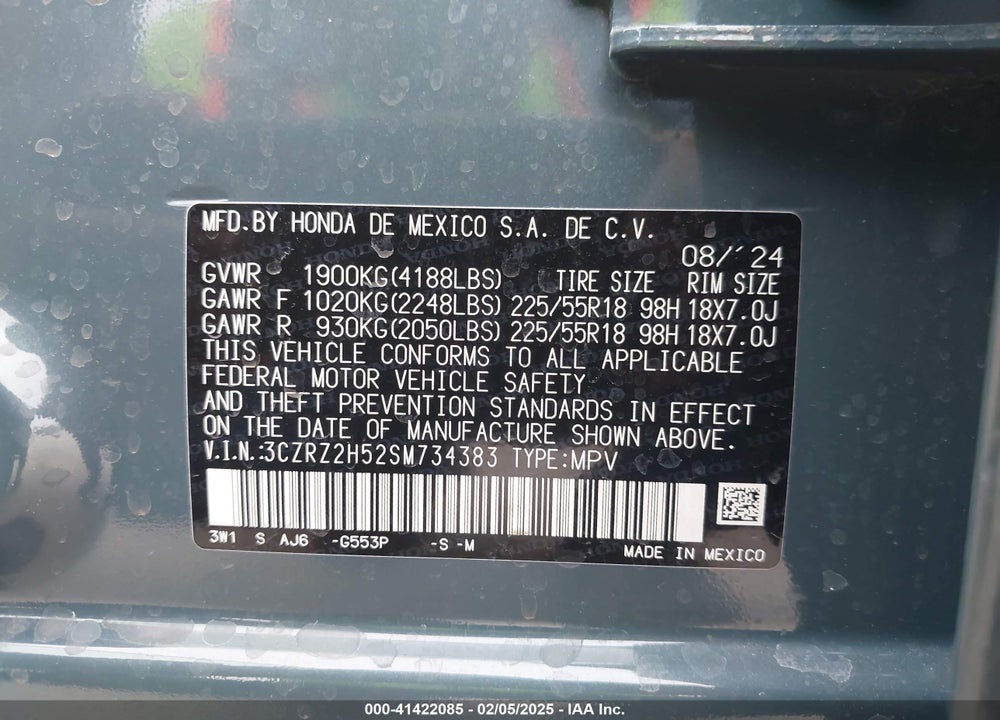 2025 HONDA HR-V VIN: 3CZRZ2H52SM734383