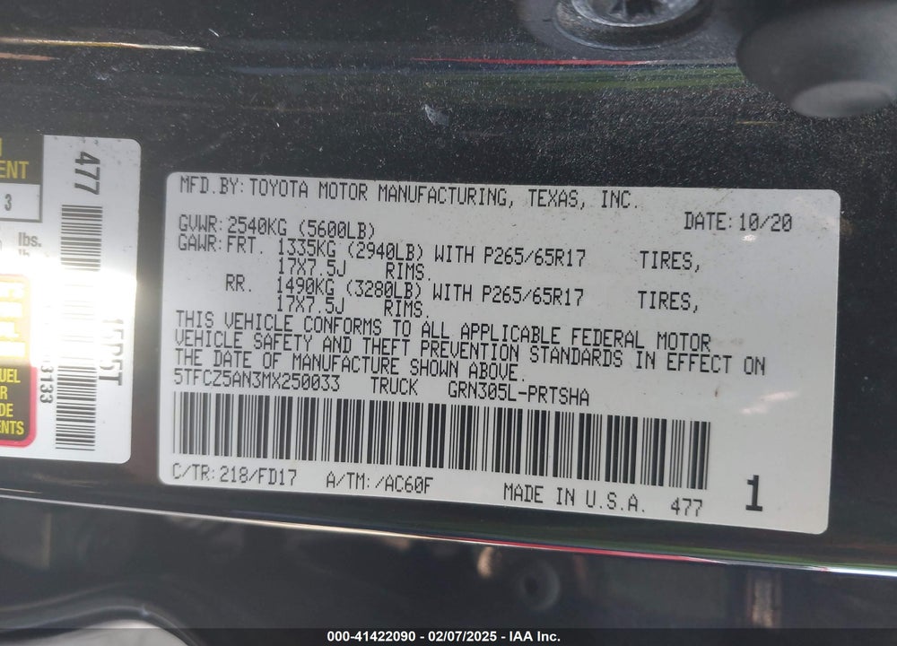 2021 TOYOTA TACOMA VIN: 5TFCZ5AN3MX250033