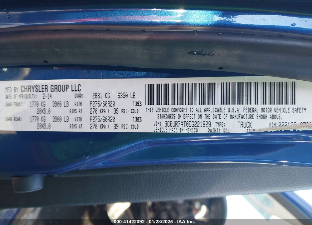 2014 RAM 1500 VIN: 3C6JR7AT0EG221829