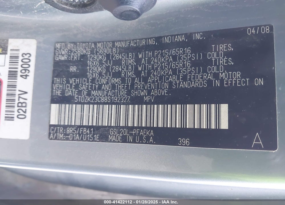 2008 TOYOTA SIENNA CE VIN: 5TDZK23C88S192327