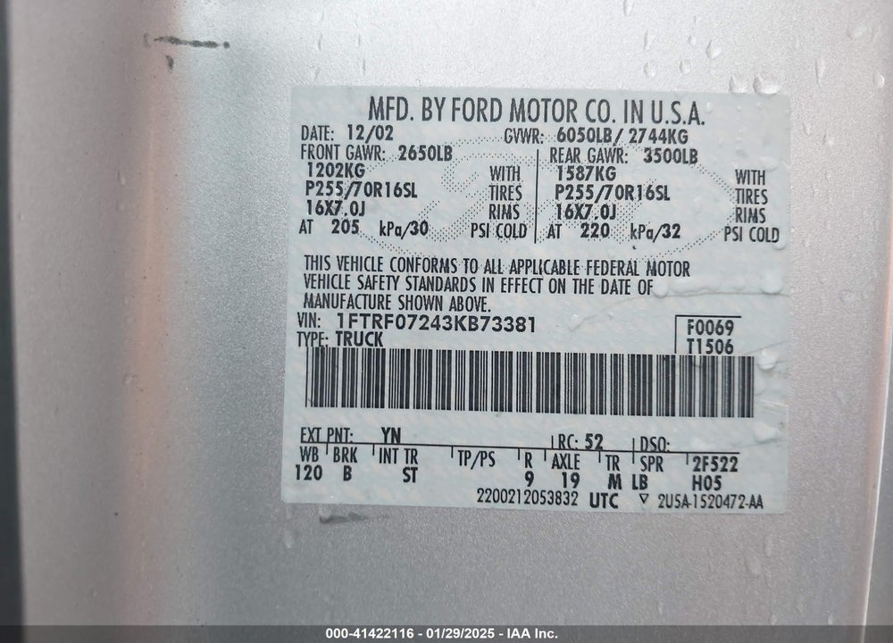 2003 FORD F-150 XL/XLT VIN: 1FTRF07243KB73381
