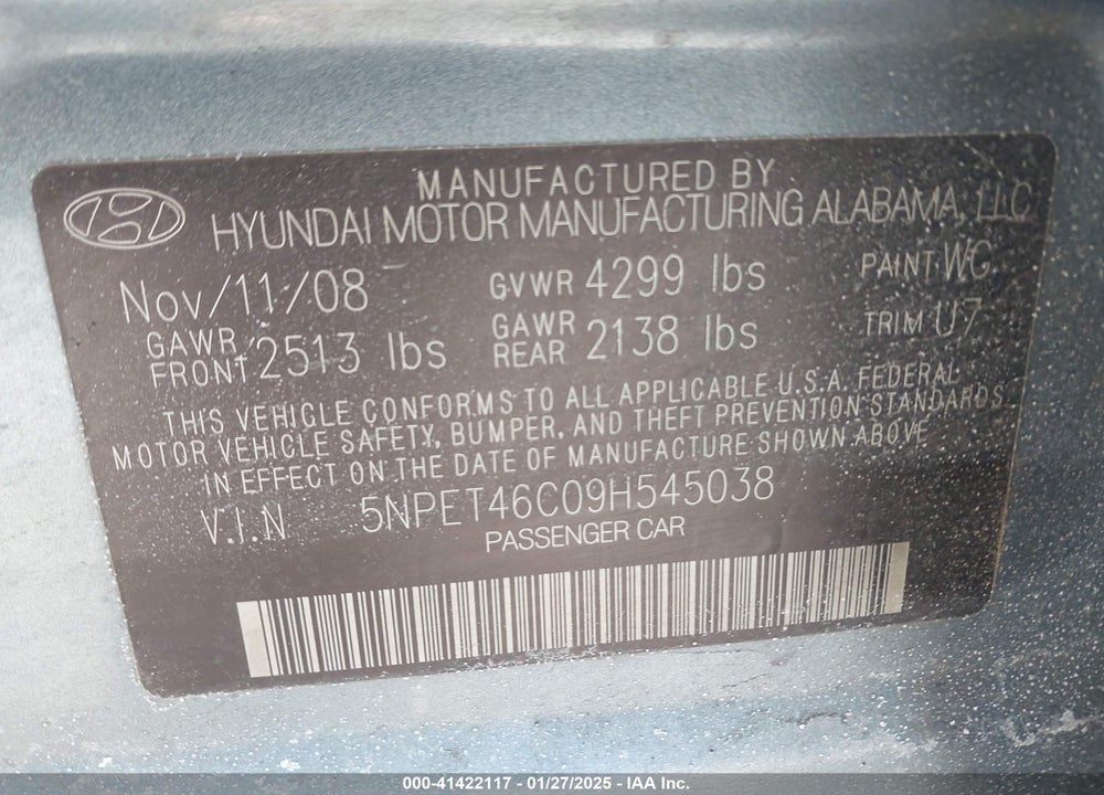 2009 HYUNDAI SONATA VIN: 5NPET46C09H545038