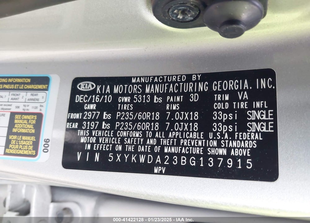 2011 KIA SORENTO SX V6 VIN: 5XYKWDA23BG137915