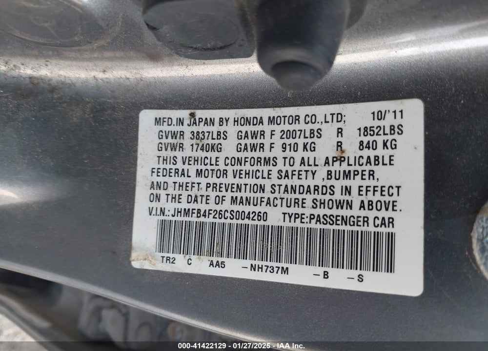 2012 HONDA CIVIC HYBRID VIN: JHMFB4F26CS004260