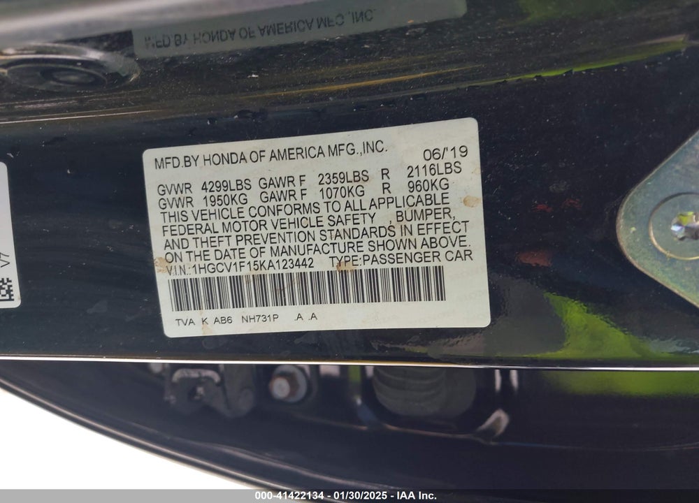 2019 HONDA ACCORD LX VIN: 1HGCV1F15KA123442