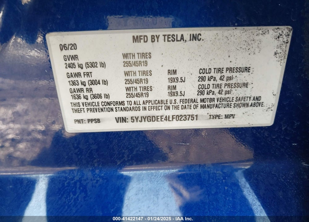 2020 TESLA MODEL Y LONG RANGE DUAL MOTOR ALL-WHEEL DRIVE VIN: 5YJYGDEE4LF023751