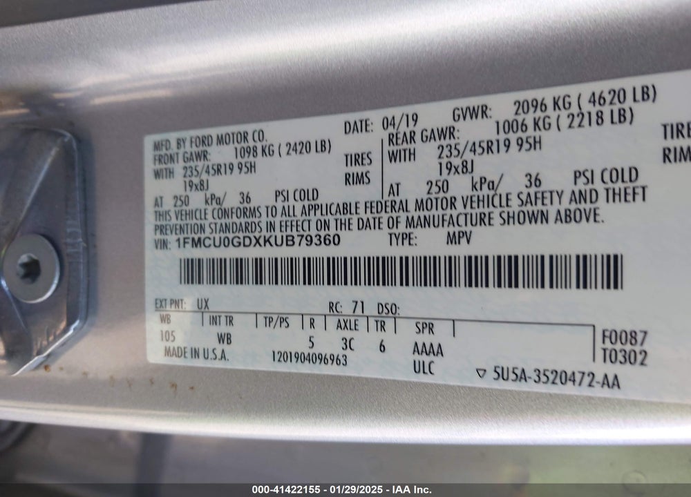2019 FORD ESCAPE SE VIN: 1FMCU0GDXKUB79360