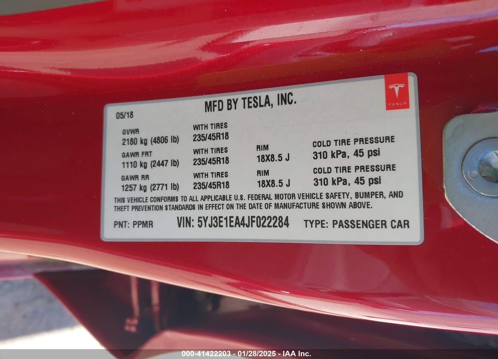 2018 TESLA MODEL 3 VIN: 5YJ3E1EA4JF022284
