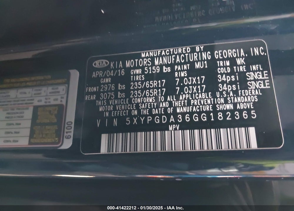 2016 KIA SORENTO 2.4L LX VIN: 5XYPGDA36GG182365
