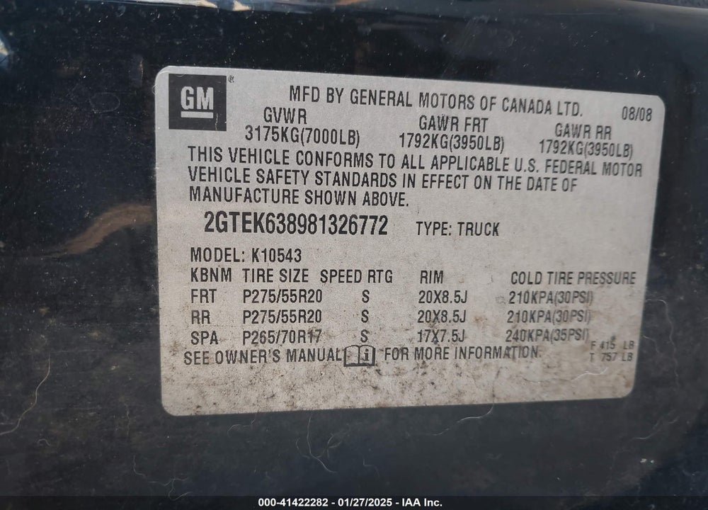 2008 GMC NEW SIERRA VIN: 2GTEK638981326772