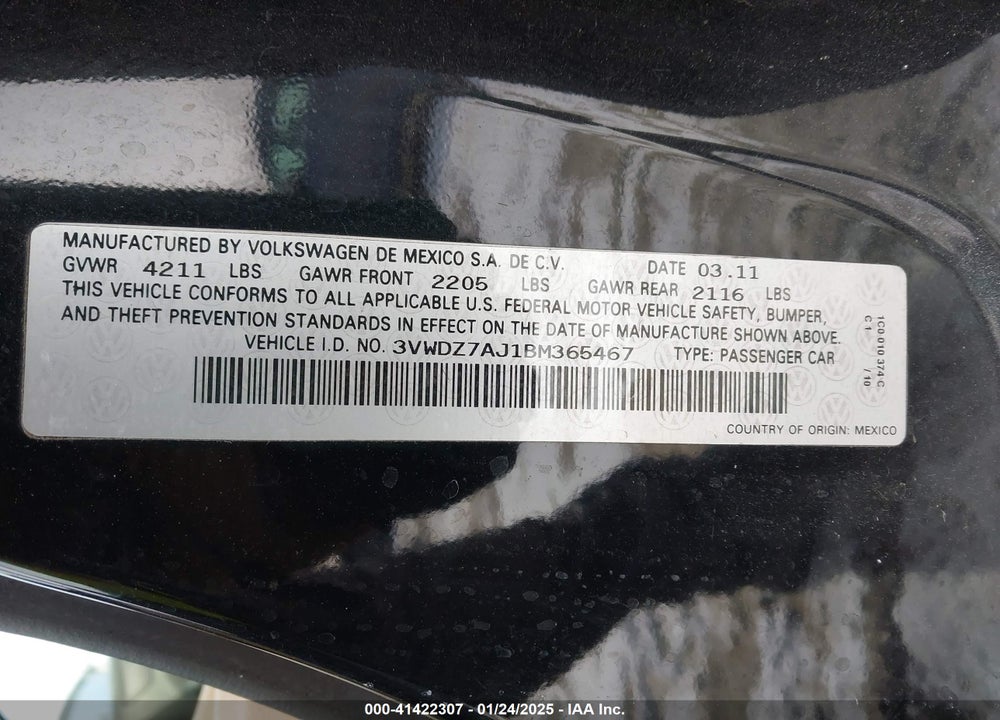 2011 VOLKSWAGEN JETTA VIN: 3VWDZ7AJ1BM365467