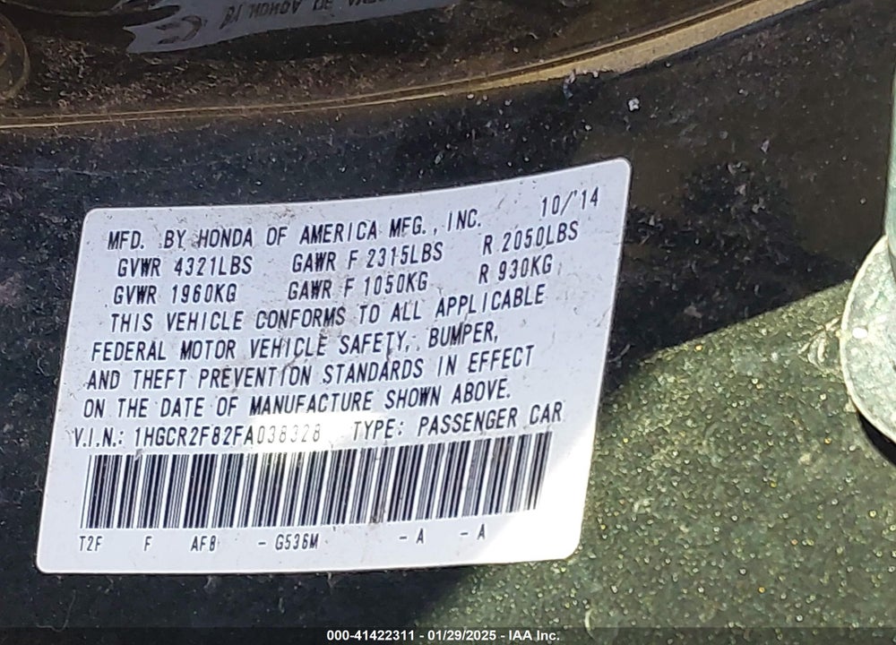 2015 HONDA ACCORD SEDAN VIN: 1HGCR2F82FA038328