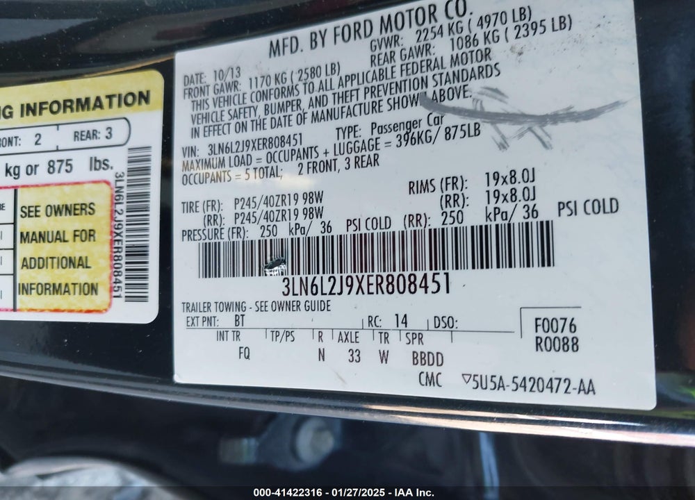 2014 LINCOLN MKZ VIN: 3LN6L2J9XER808451
