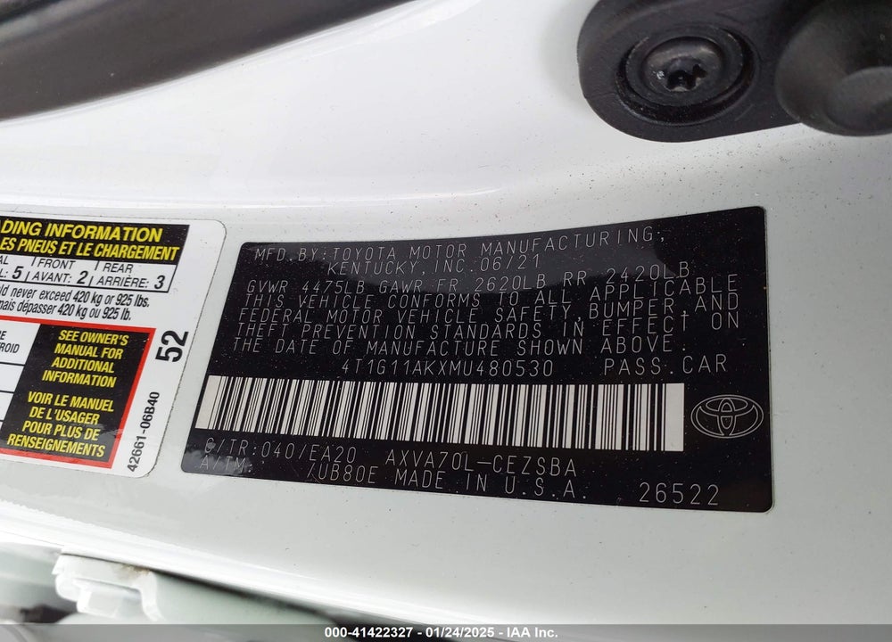 2021 TOYOTA CAMRY VIN: 4T1G11AKXMU480530