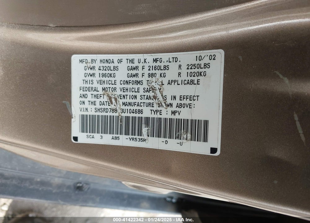 2003 HONDA CR-V EX VIN: SHSRD78813U104686