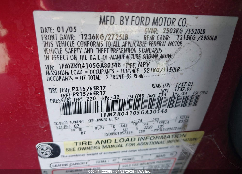 2005 FORD FREESTYLE SE VIN: 1FMZK04105GA30548