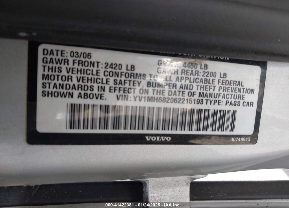 2006 VOLVO S40 2.5L TURBO VIN: YV1MH682062215193