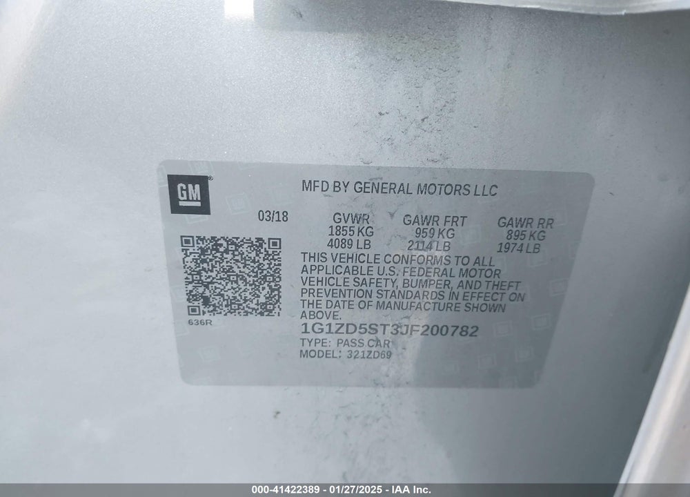 2018 CHEVROLET MALIBU VIN: 1G1ZD5ST3JF200782
