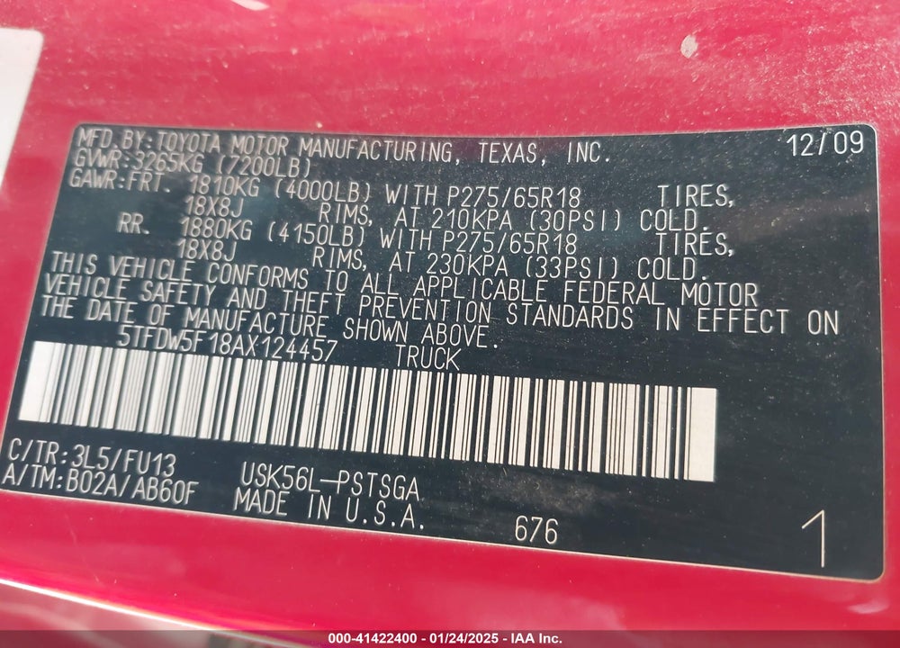 2010 TOYOTA TUNDRA VIN: 5TFDW5F18AX124457
