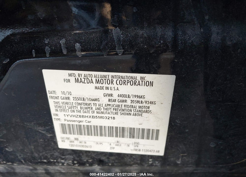 2011 MAZDA 6 I SPORT VIN: 1YVHZ8BHXB5M03218