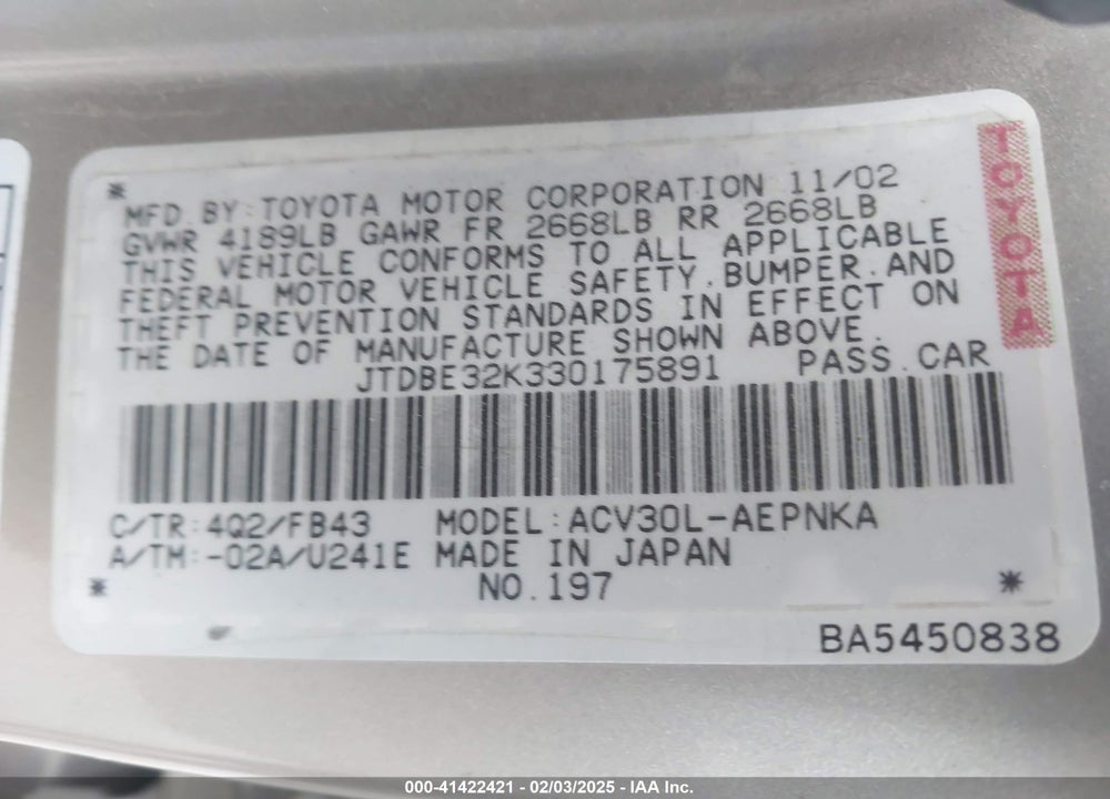 2003 TOYOTA CAMRY LE VIN: JTDBE32K330175891