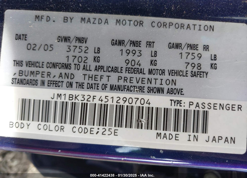2005 MAZDA 3 I VIN: JM1BK32F451290704