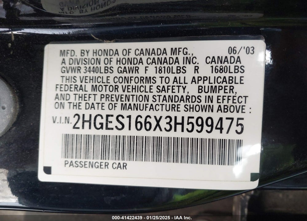 2003 HONDA CIVIC LX VIN: 2HGES166X3H599475