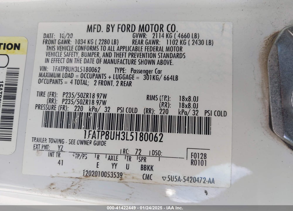 2020 FORD MUSTANG VIN: 1FATP8UH3L5180062