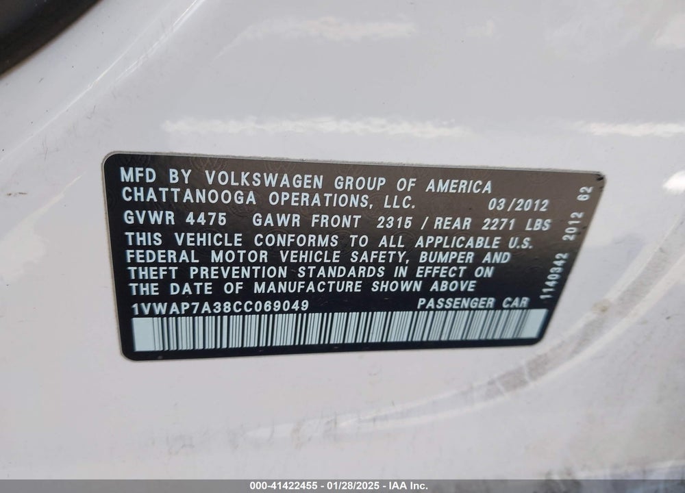 2012 VOLKSWAGEN PASSAT VIN: 1VWAP7A38CC069049