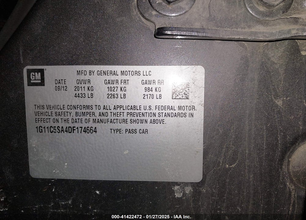 2013 CHEVROLET MALIBU VIN: 1G11C5SA4DF174664