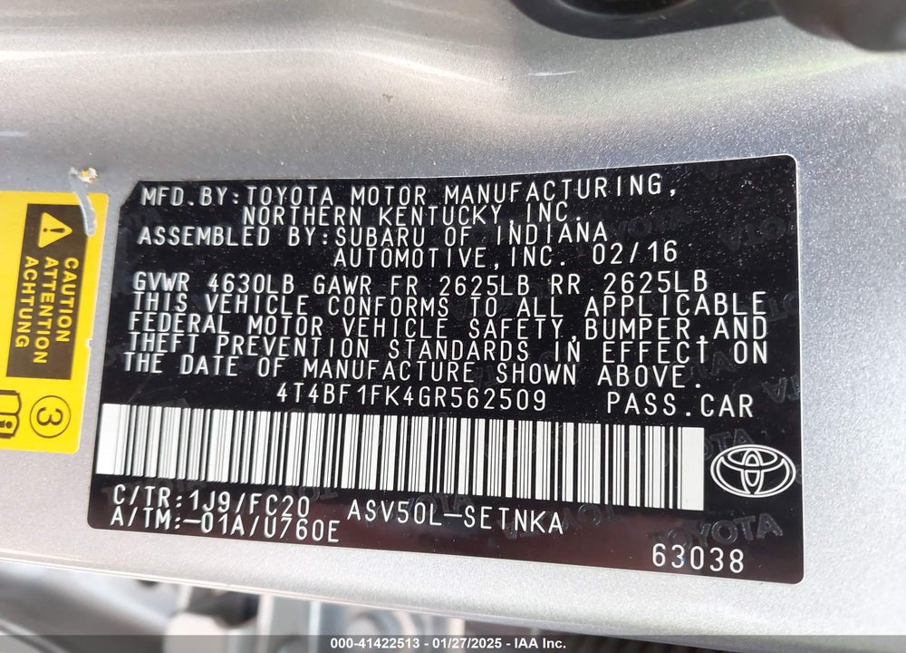 2016 TOYOTA CAMRY VIN: 4T4BF1FK4GR562509