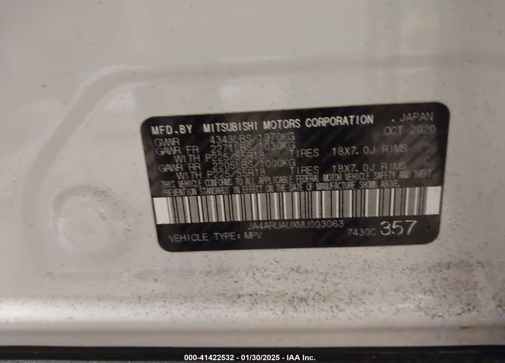 2021 MITSUBISHI OUTLANDER SPORT 2.0 ES AWC VIN: JA4ARUAUXMU003063