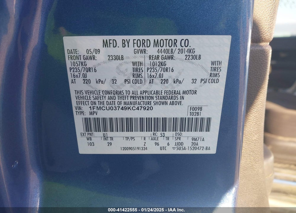 2009 FORD ESCAPE XLT VIN: 1FMCU03749KC47920