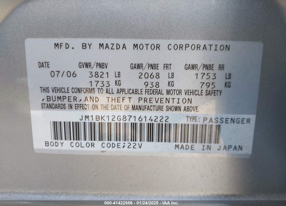 2007 MAZDA 3 I VIN: JM1BK12G871614222