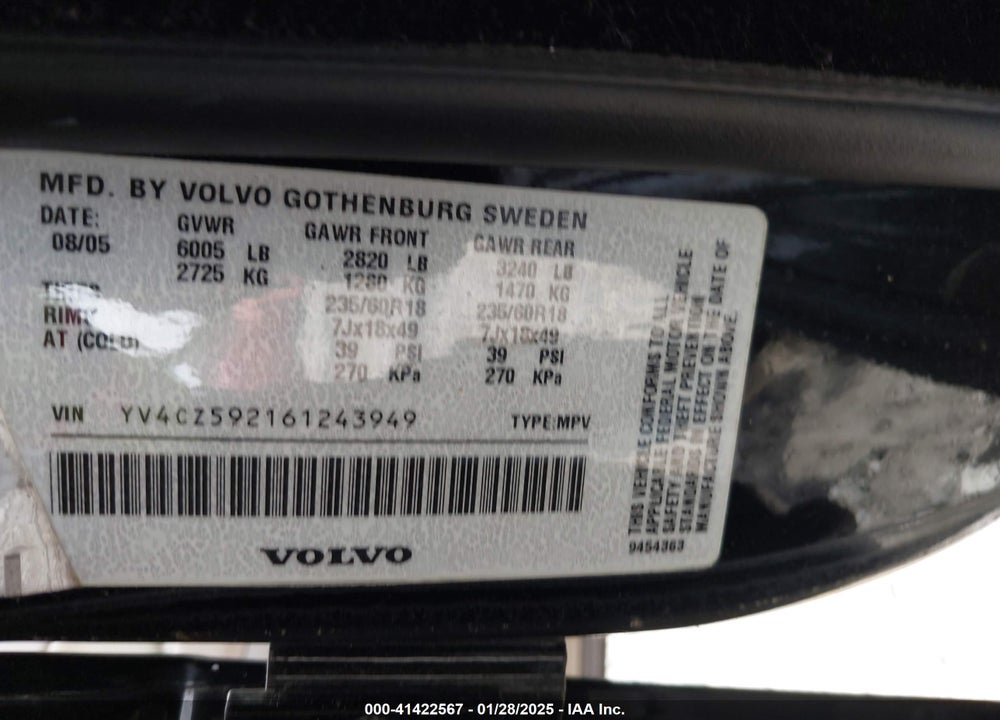 2006 VOLVO XC90 2.5T VIN: YV4CZ592161243949