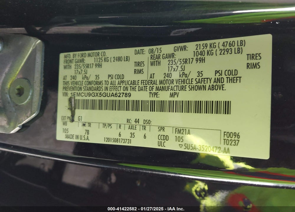 2016 FORD ESCAPE SE VIN: 1FMCU9GX5GUA62789