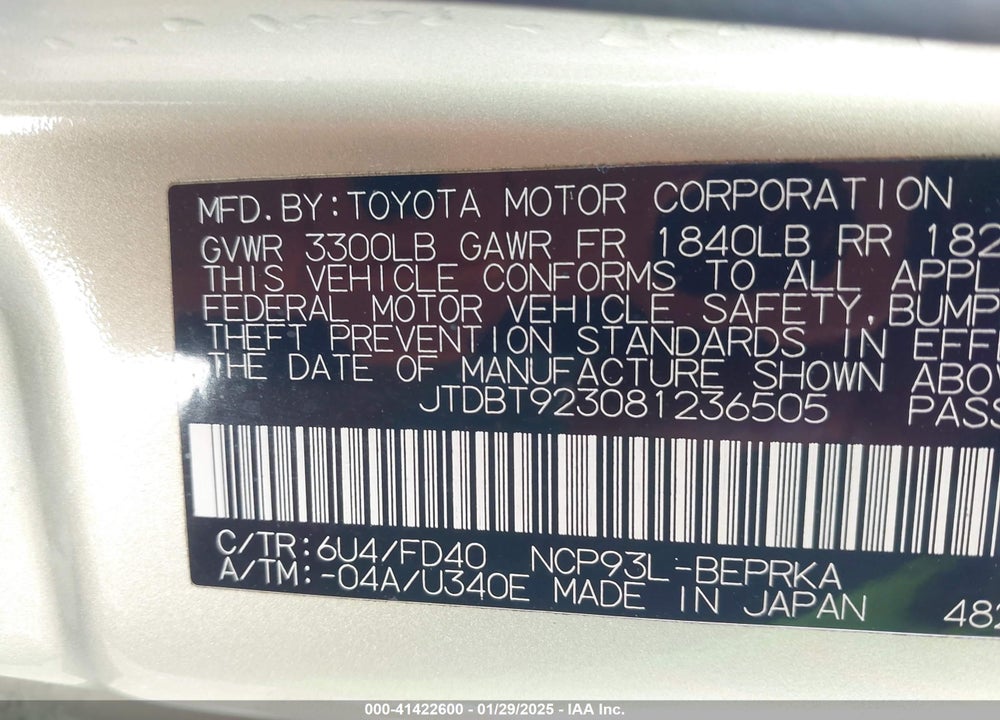 2008 TOYOTA YARIS VIN: JTDBT923081236505