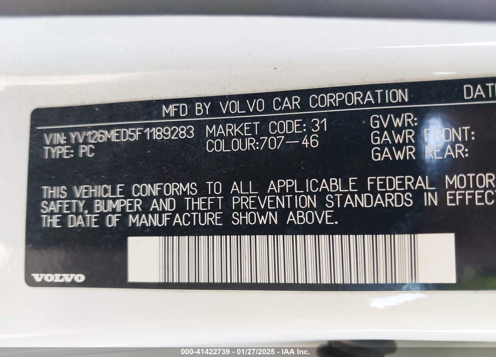 2015 VOLVO V60 VIN: YV126MED5F1189283