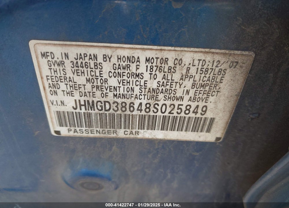 2008 HONDA FIT SPORT VIN: JHMGD38648S025849