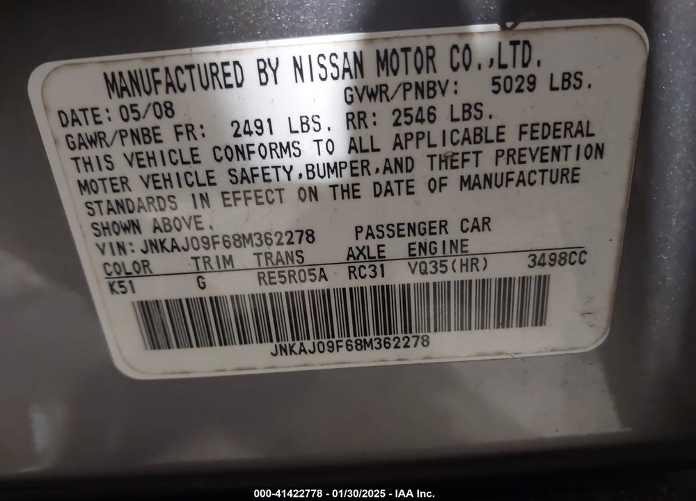 2008 INFINITI EX35 JOURNEY VIN: JNKAJ09F68M362278