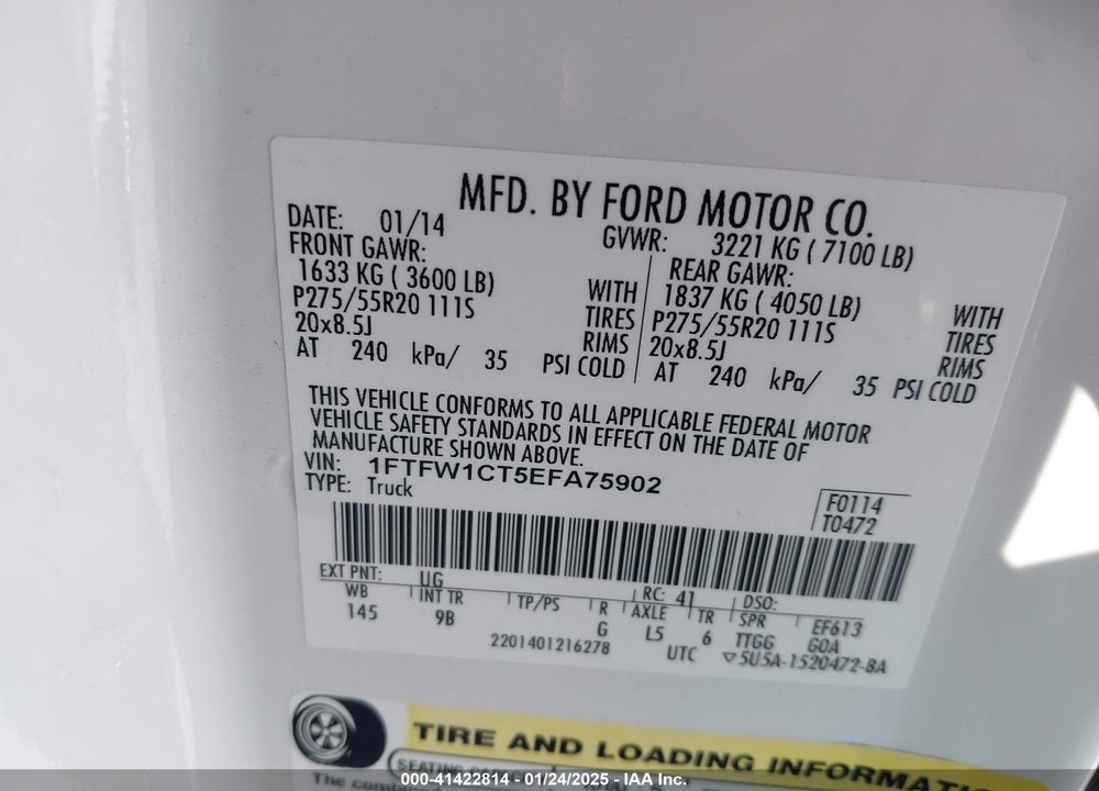 2014 FORD F-150 VIN: 1FTFW1CT5EFA75902