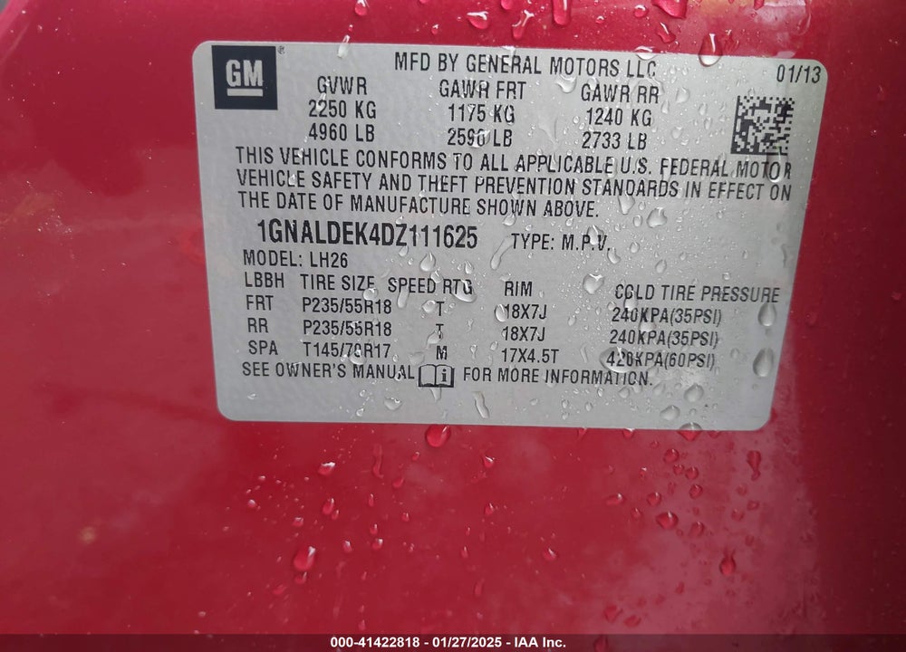2013 CHEVROLET EQUINOX 1LT VIN: 1GNALDEK4DZ111625
