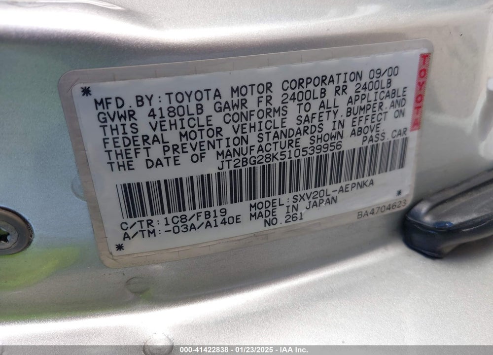 2001 TOYOTA CAMRY LE VIN: JT2BG28K510539956