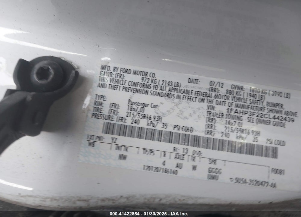 2012 FORD FOCUS SE VIN: 1FAHP3F22CL442439