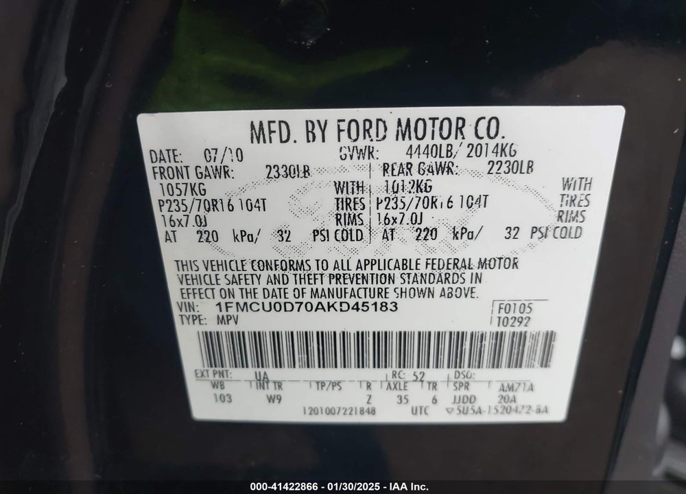 2010 FORD ESCAPE XLT VIN: 1FMCU0D70AKD45183